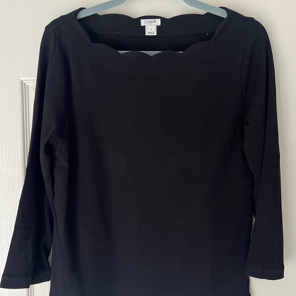 J. Crew Women's Black Long Sleeve Scallop Top
